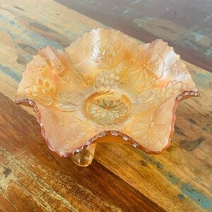 Fenton Vintage Lotus Floral Carnival Glass Candy Dish Bowl - Orange